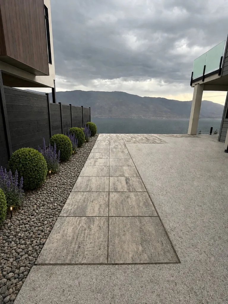 Lakefront patio with wood-grain pavers, river rock bed, and manicured plantings